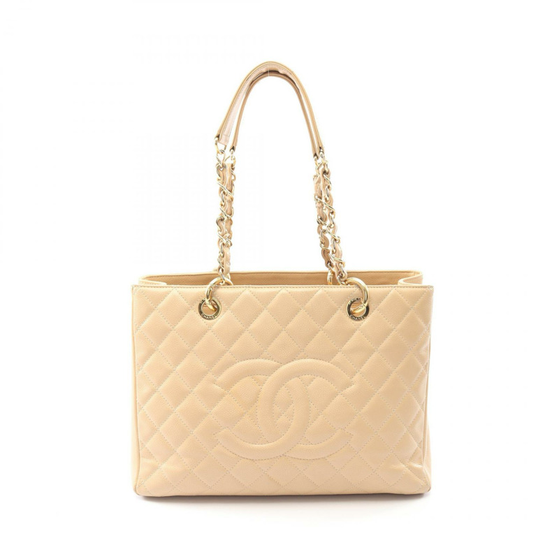 CHANEL Matelasse Grand Shopping GST 鏈條托特包 皮革 米色 二手 女款 GHW-0