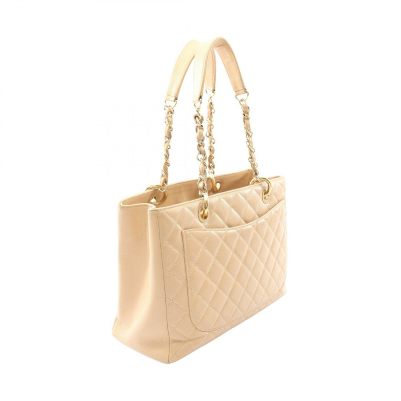 CHANEL Matelasse Grand Shopping GST 鏈條托特包 皮革 米色 二手 女款 GHW-1