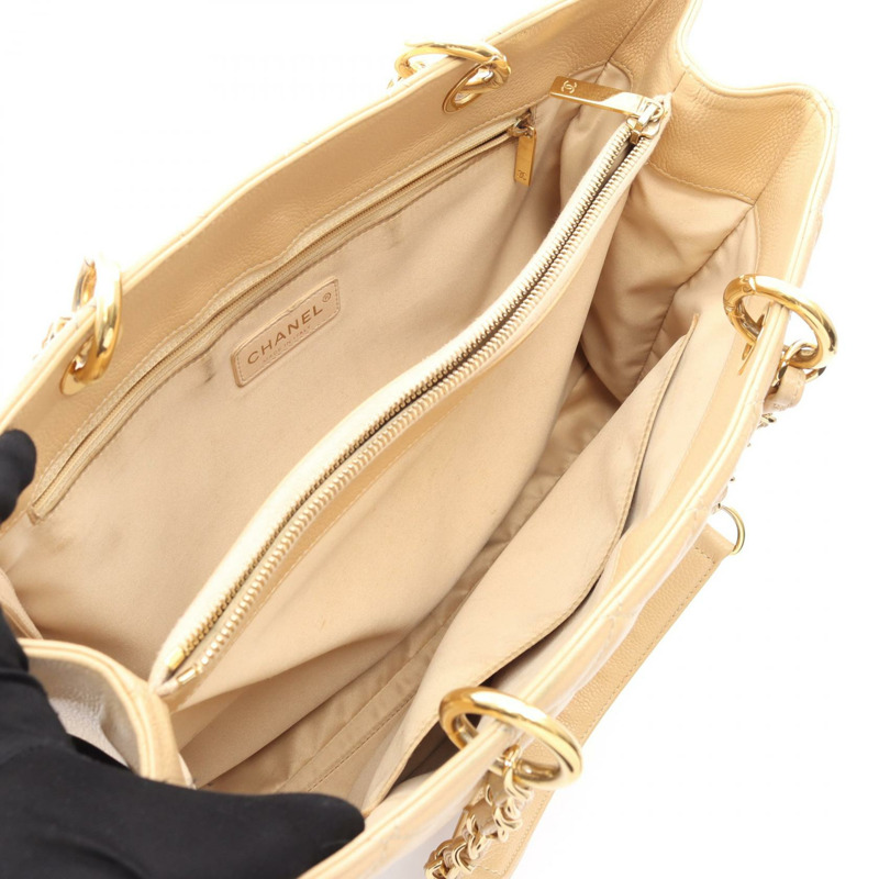 CHANEL Matelasse Grand Shopping GST 鏈條托特包 皮革 米色 二手 女款 GHW-2