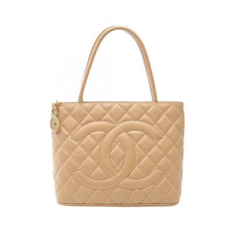 CHANEL Medallion 手提包 A01804 皮革粒面小牛皮米色二手女士 GHW