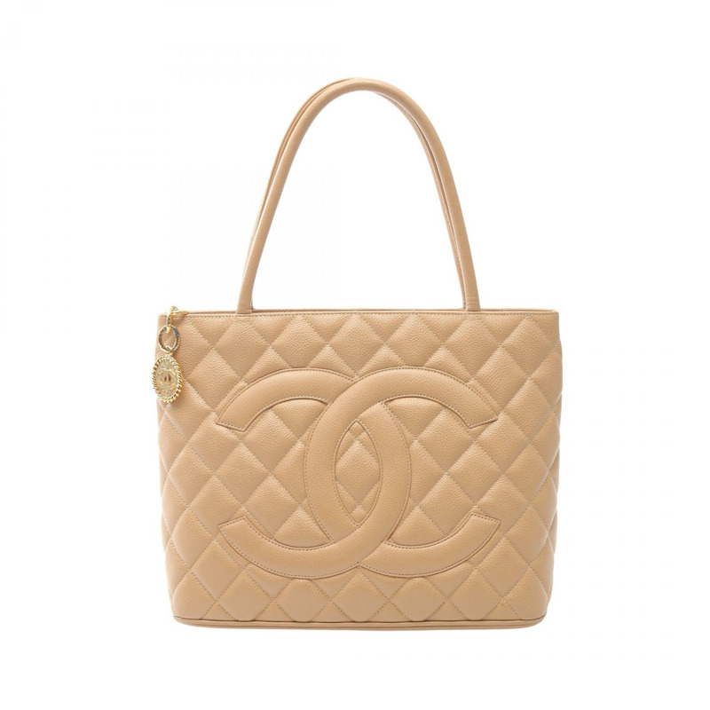 CHANEL Medallion 手提包 A01804 皮革粒面小牛皮米色二手女士 GHW-0