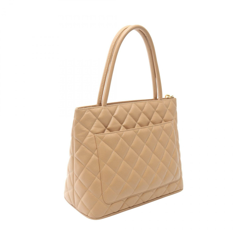 CHANEL Medallion 手提包 A01804 皮革粒面小牛皮米色二手女士 GHW-1