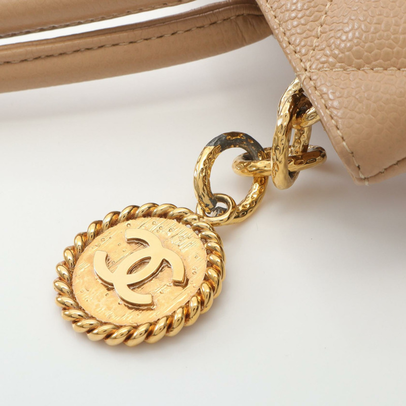 CHANEL Medallion 手提包 A01804 皮革粒面小牛皮米色二手女士 GHW-6