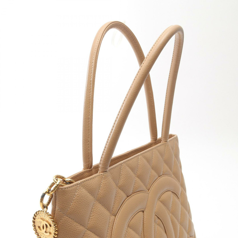 CHANEL Medallion 手提包 A01804 皮革粒面小牛皮米色二手女士 GHW-11
