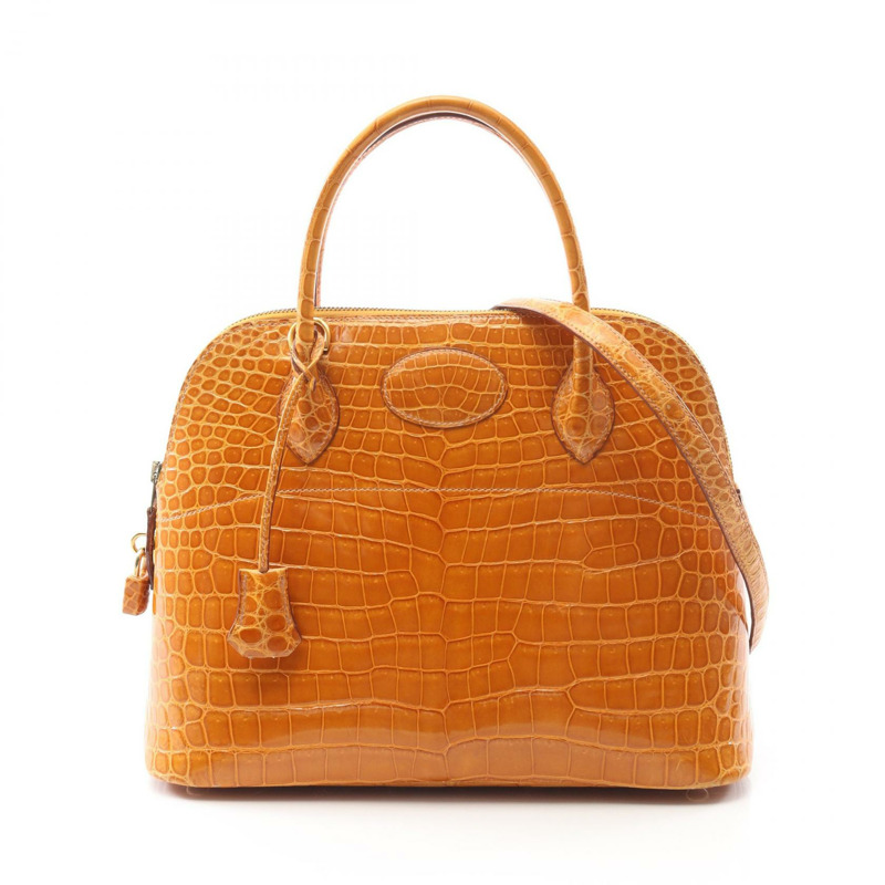 HERMES Bolide31 藏紅花手提包 異國皮革 孔氏鱷魚皮 裂解 棕色 二手 女士-0