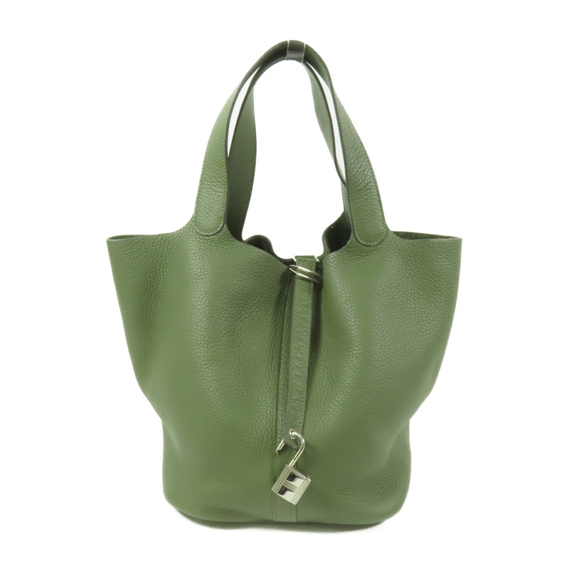 HERMES Clemence皮革Picotin GM銀扣手挽袋Olive Green-0