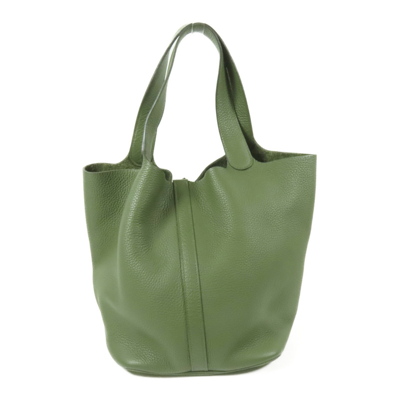 HERMES Clemence皮革Picotin GM銀扣手挽袋Olive Green-1