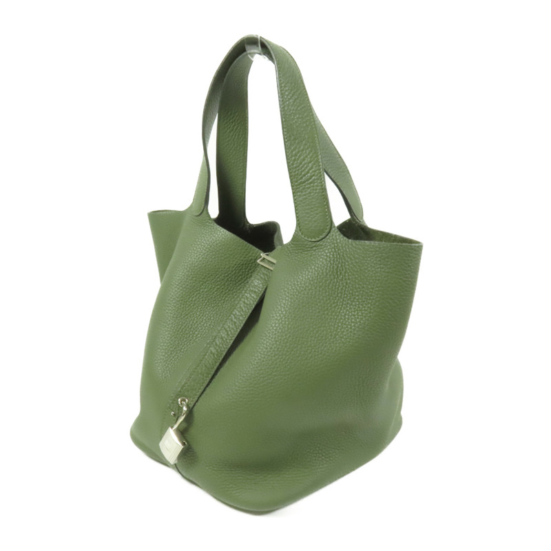HERMES Clemence皮革Picotin GM銀扣手挽袋Olive Green-2