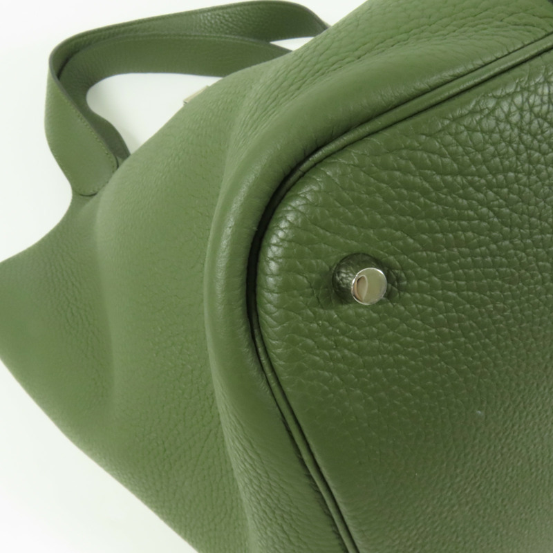 HERMES Clemence皮革Picotin GM銀扣手挽袋Olive Green-4