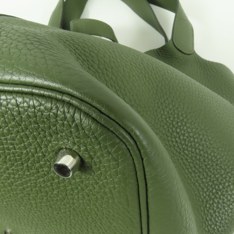 HERMES Clemence皮革Picotin GM銀扣手挽袋Olive Green-5