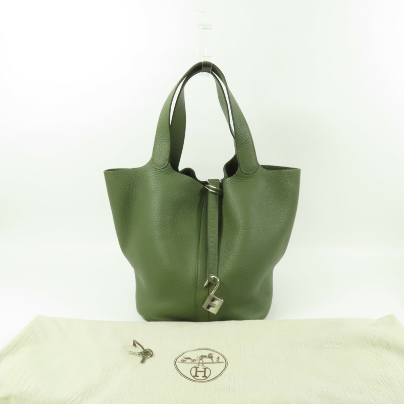 HERMES Clemence皮革Picotin GM銀扣手挽袋Olive Green-11