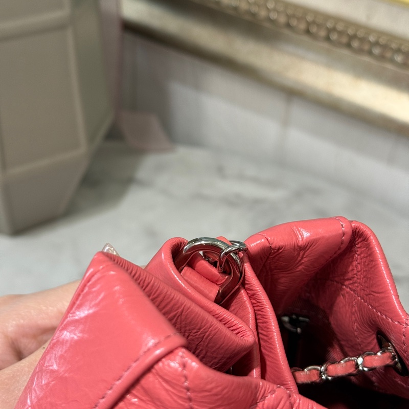 Chanel 粉油蠟牛皮菱格紋Bucket銀釦束口肩斜背水桶包A57603-7