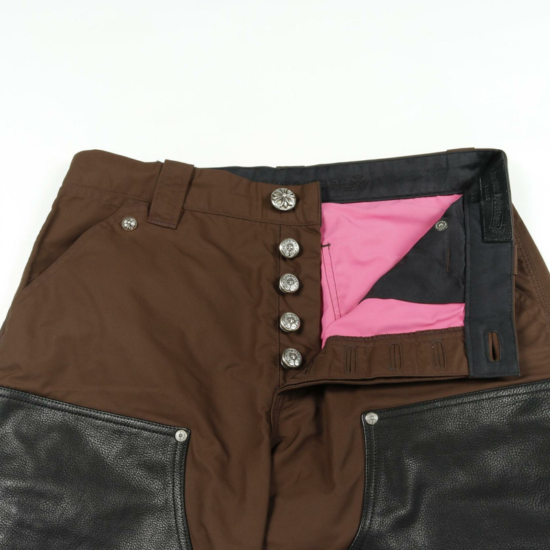 CHROME HEARTS 木匠雙膝十字貼布褲 皮革尼龍 棕色 #32-4