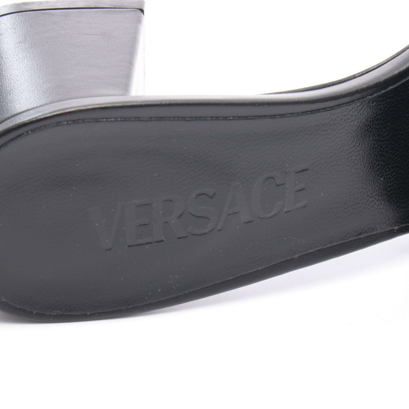 VERSACE 標誌高跟涼鞋穆勒鞋皮革布料黑色米色 36 碼二手女款-4