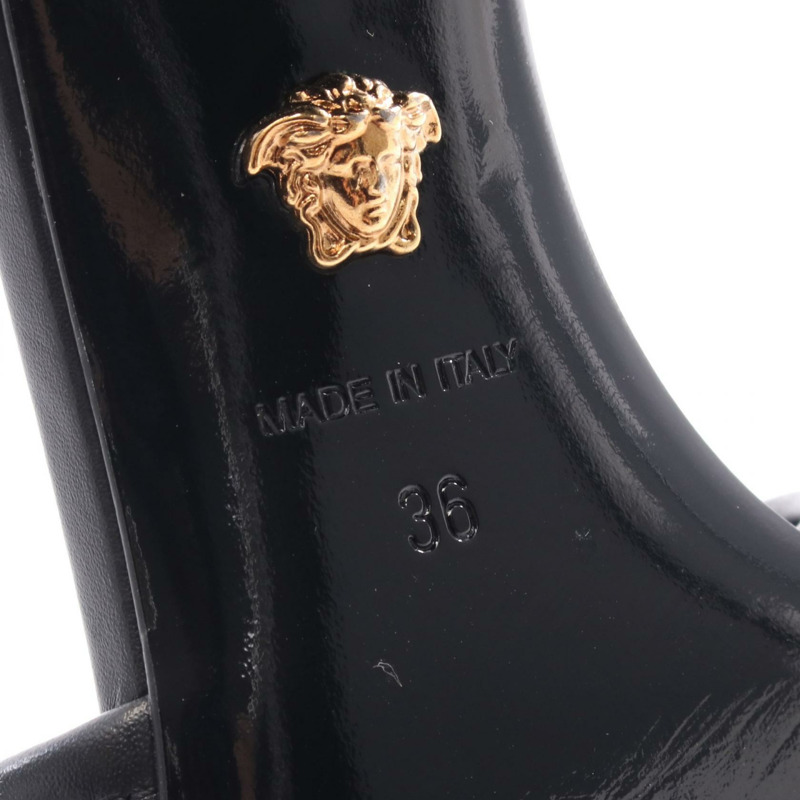 VERSACE 標誌高跟涼鞋穆勒鞋皮革布料黑色米色 36 碼二手女款-5