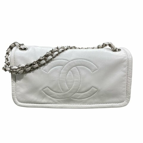 CHANEL 香奈兒 翻蓋包 手提肩背包 小牛皮 白色 銀扣
