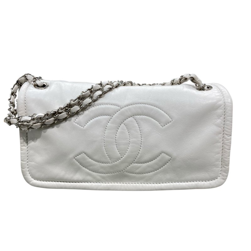 CHANEL 香奈兒 翻蓋包 手提肩背包 小牛皮 白色 銀扣-0
