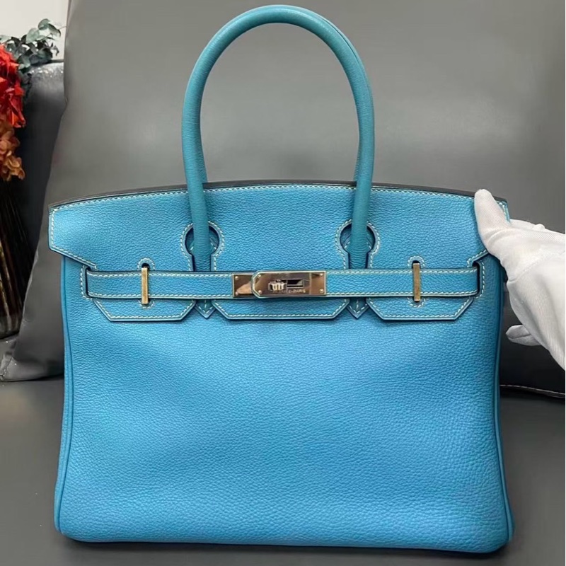 98新Hermes愛馬仕Birkin30牛仔藍Togo銀扣I刻-0