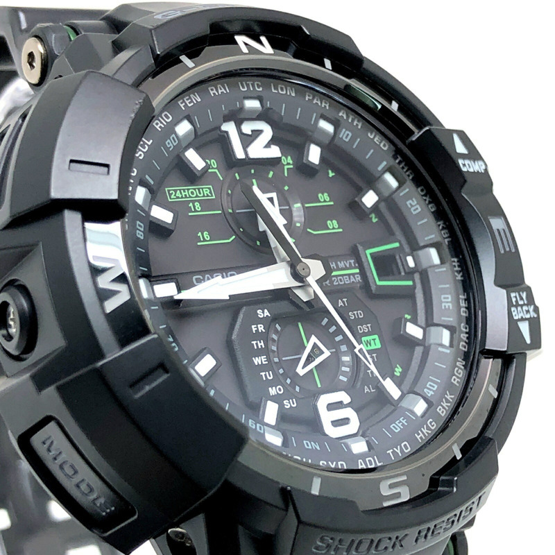 G-SHOCK CASIO GRAVITYMASTER GW-A1100-1A3 手錶，電波太陽能，3G 抗震，抗離心力，羅盤功能，黑綠色，2013 年 6 月發售，三國丘店，IT49H6AAP5W0-3