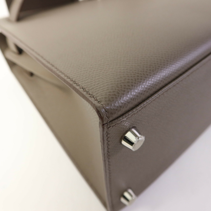 HERMES Epsom皮革Kelly 28銀扣手挽肩背兩用袋Etain-14