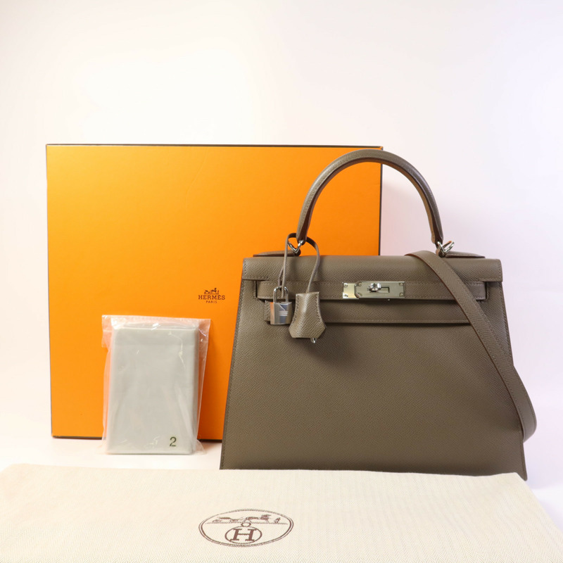 HERMES Epsom皮革Kelly 28銀扣手挽肩背兩用袋Etain-17