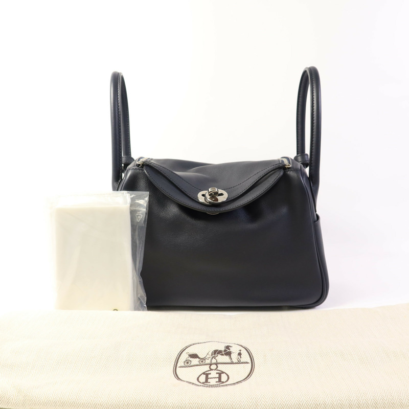 HERMES Swift皮革Lindy 26銀扣手挽肩背兩用袋Bleu Indigo-16