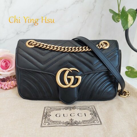 Gucci Marmont  🎀現品實拍 🎀仿舊 金雙G 皮革斜背/肩背包-26cm(443497-黑)~二手品約9成新