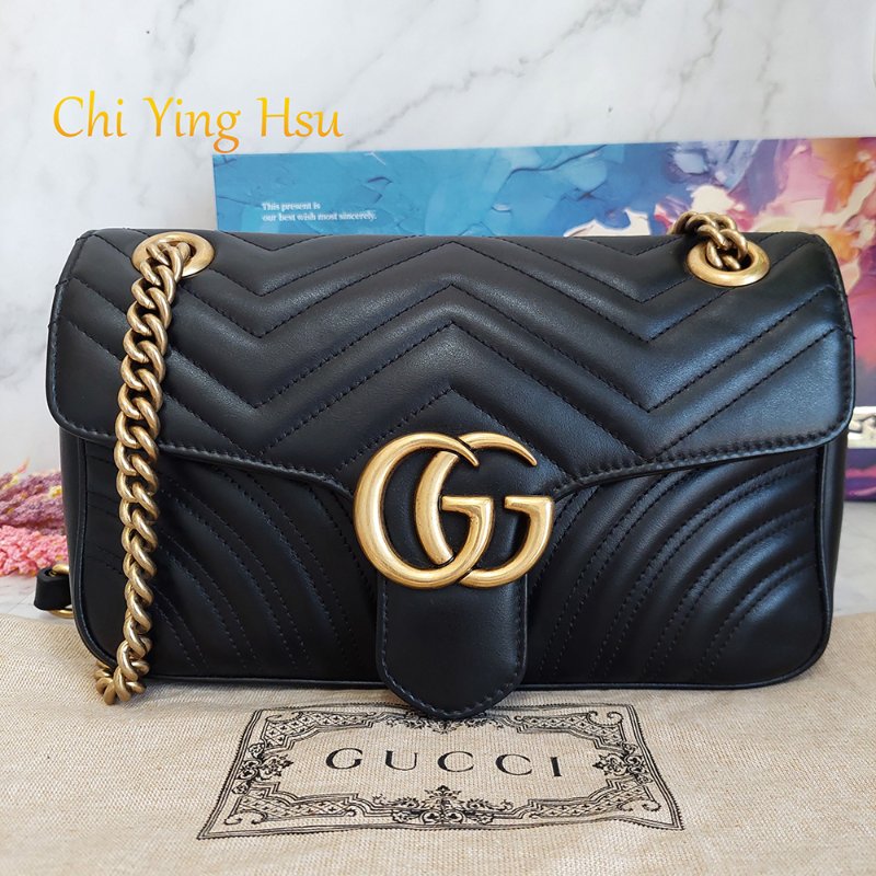 Gucci Marmont  🎀現品實拍 🎀仿舊 金雙G 皮革斜背/肩背包-26cm(443497-黑)~二手品約9成新-1