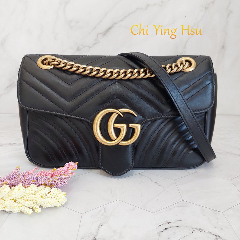 Gucci Marmont  🎀現品實拍 🎀仿舊 金雙G 皮革斜背/肩背包-26cm(443497-黑)~二手品約9成新-13
