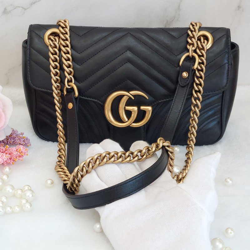 Gucci Marmont  🎀現品實拍 🎀仿舊 金雙G 皮革斜背/肩背包-26cm(443497-黑)~二手品約9成新-54