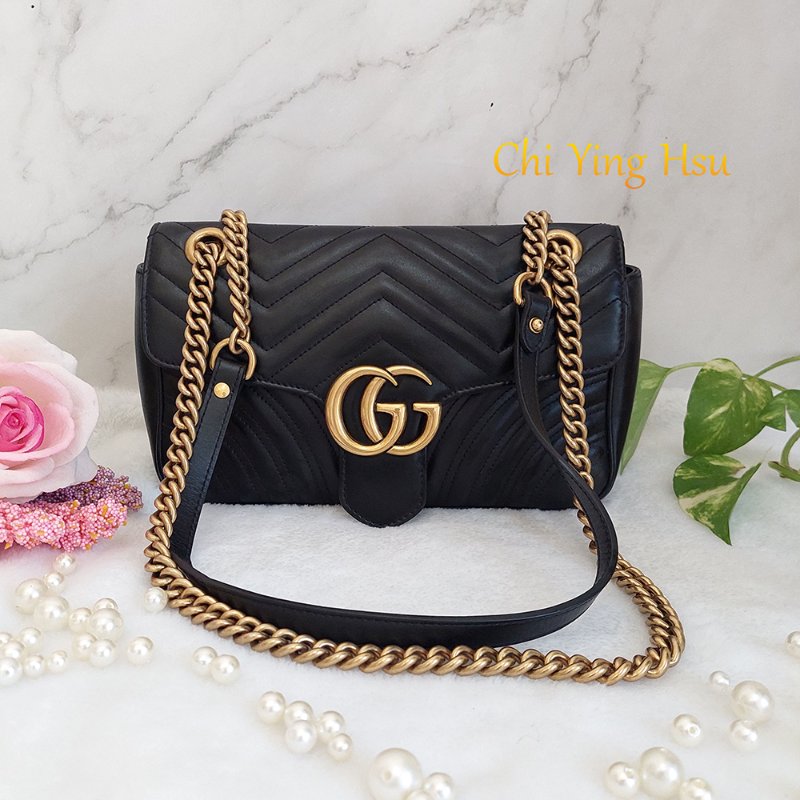 Gucci Marmont  🎀現品實拍 🎀仿舊 金雙G 皮革斜背/肩背包-26cm(443497-黑)~二手品約9成新-55