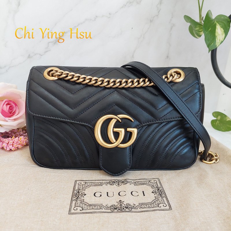 Gucci Marmont  🎀現品實拍 🎀仿舊 金雙G 皮革斜背/肩背包-26cm(443497-黑)~二手品約9成新-68