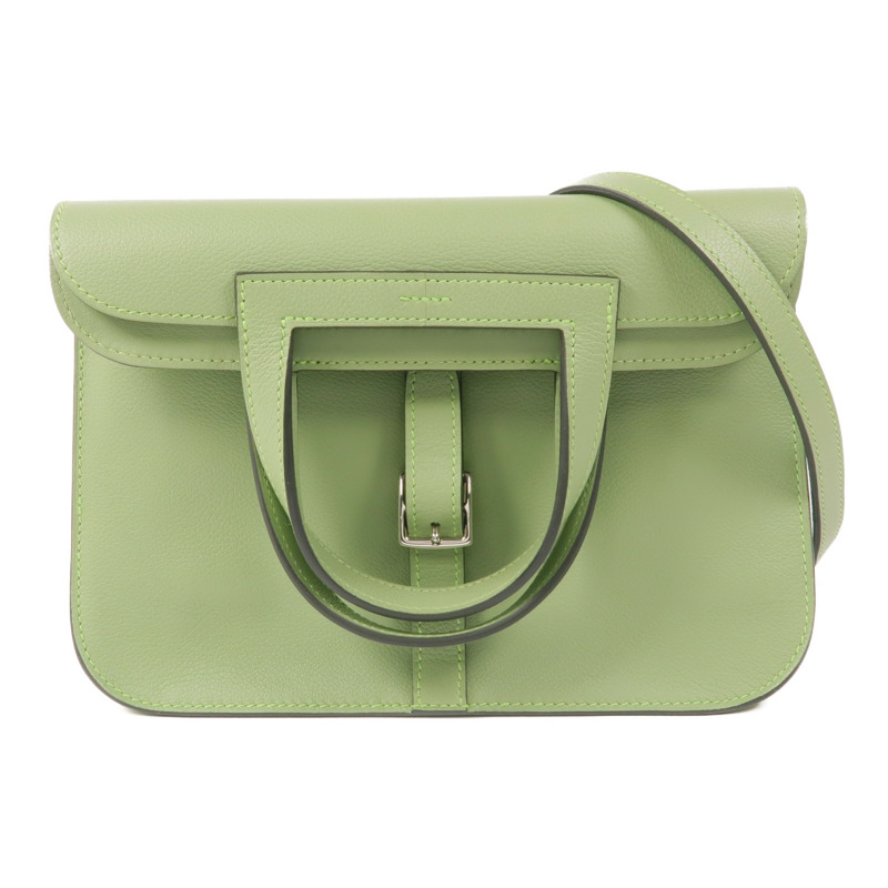 HERMES Evercolor皮革Halzan 25銀扣手挽肩背兩用袋Vert Criquet-0