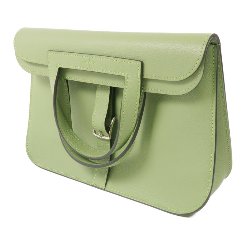 HERMES Evercolor皮革Halzan 25銀扣手挽肩背兩用袋Vert Criquet-2