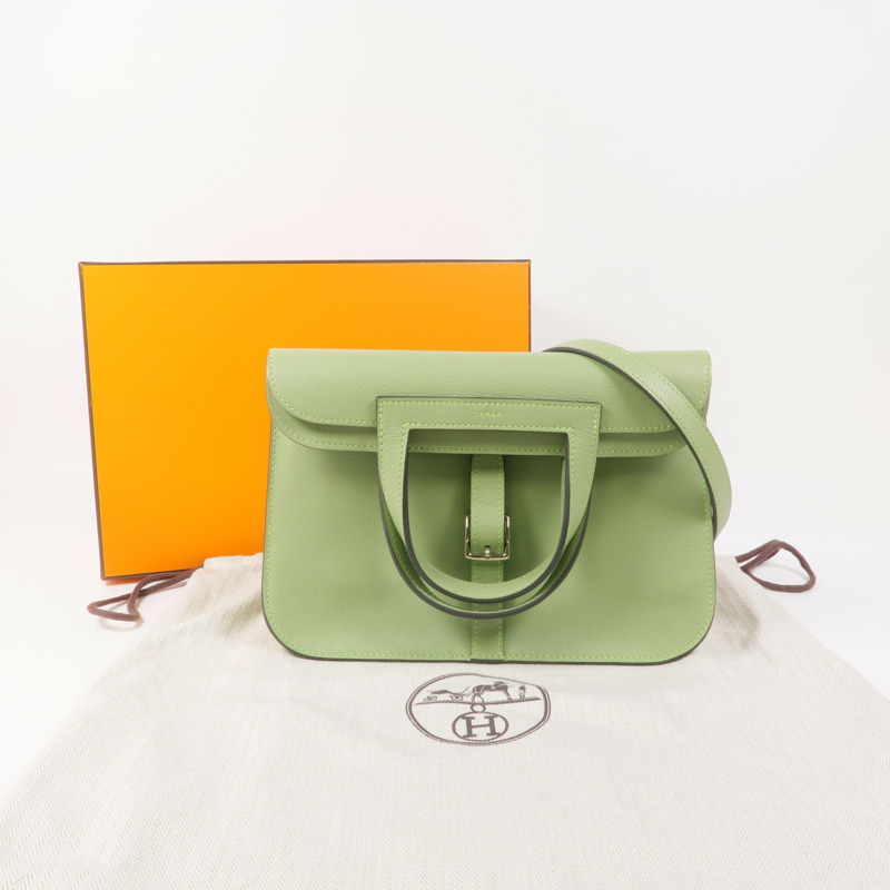 HERMES Evercolor皮革Halzan 25銀扣手挽肩背兩用袋Vert Criquet-13