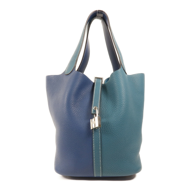 HERMES Clemence皮革Picotin MM銀扣手挽袋Deep Blue/Vert Bosphore-0