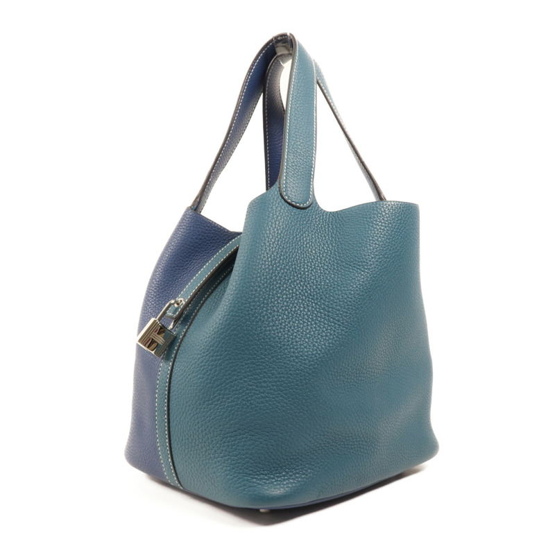 HERMES Clemence皮革Picotin MM銀扣手挽袋Deep Blue/Vert Bosphore-2