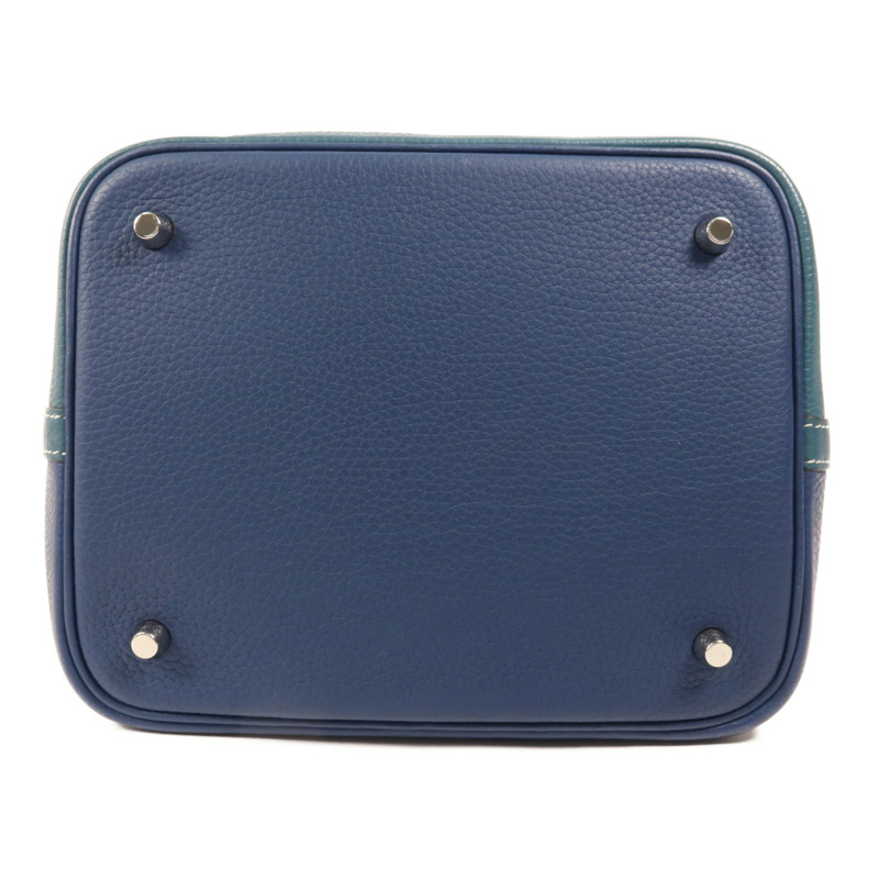 HERMES Clemence皮革Picotin MM銀扣手挽袋Deep Blue/Vert Bosphore-3