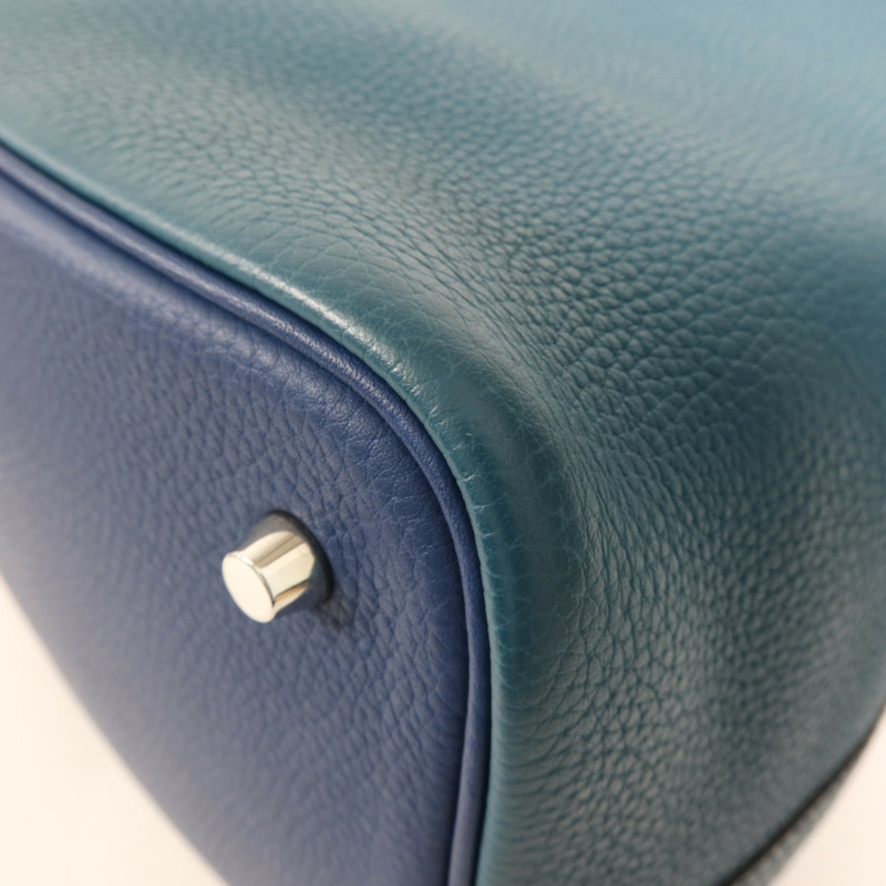 HERMES Clemence皮革Picotin MM銀扣手挽袋Deep Blue/Vert Bosphore-4