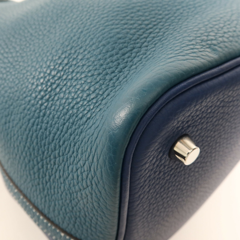 HERMES Clemence皮革Picotin MM銀扣手挽袋Deep Blue/Vert Bosphore-5