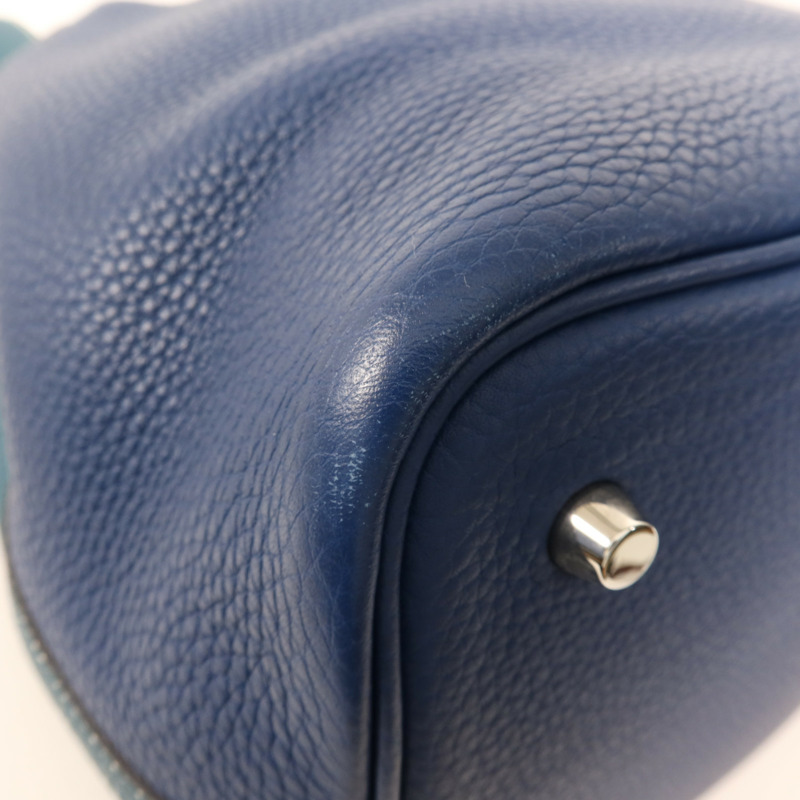 HERMES Clemence皮革Picotin MM銀扣手挽袋Deep Blue/Vert Bosphore-7
