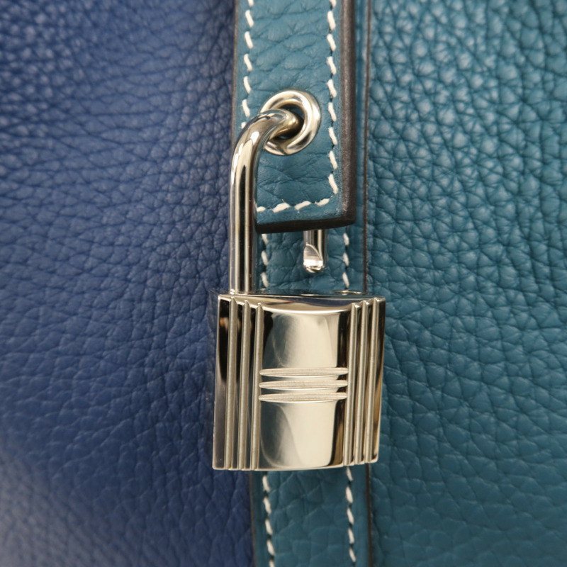 HERMES Clemence皮革Picotin MM銀扣手挽袋Deep Blue/Vert Bosphore-8