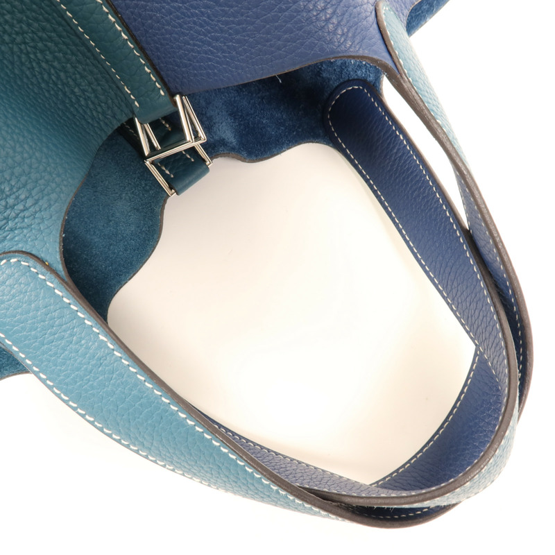 HERMES Clemence皮革Picotin MM銀扣手挽袋Deep Blue/Vert Bosphore-12