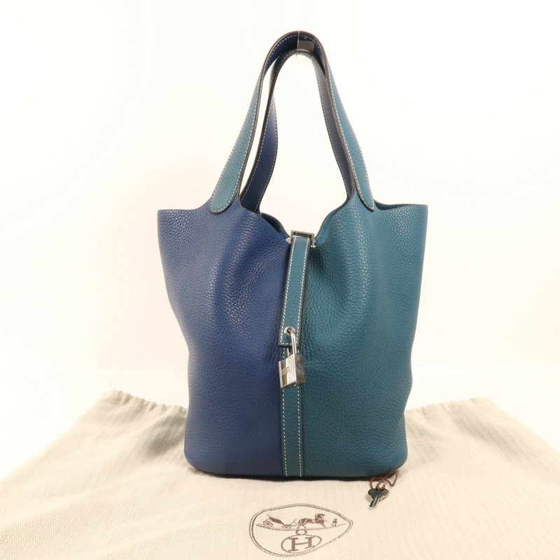 HERMES Clemence皮革Picotin MM銀扣手挽袋Deep Blue/Vert Bosphore-13
