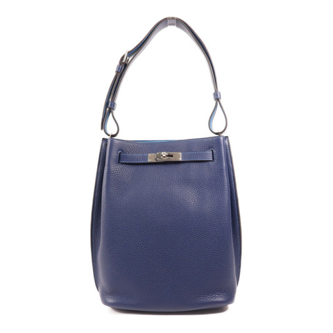 HERMES Clemence皮革So Kelly 22銀扣肩背袋Bleu Saphir