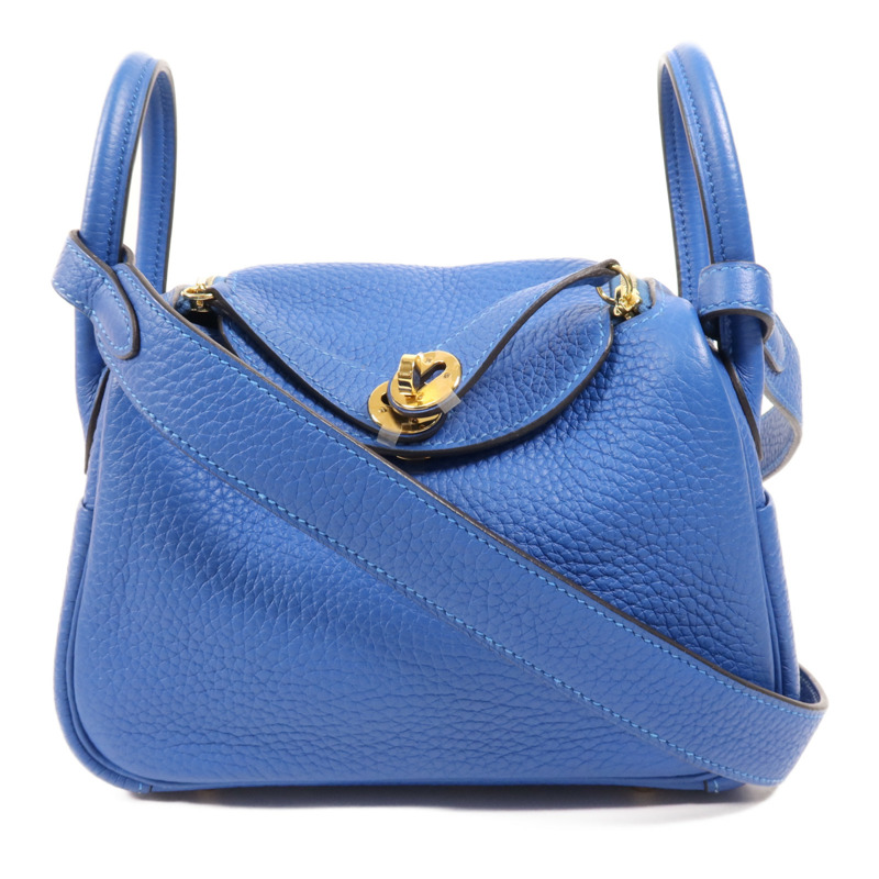 HERMES Clemence皮革Mini Lindy金扣手挽肩背兩用袋Bleu France-0