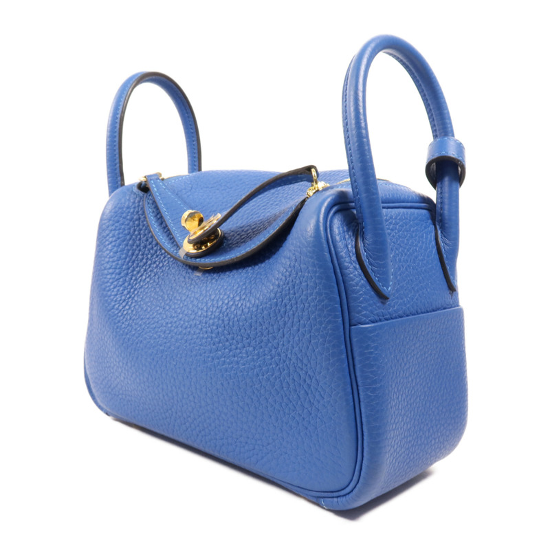 HERMES Clemence皮革Mini Lindy金扣手挽肩背兩用袋Bleu France-2