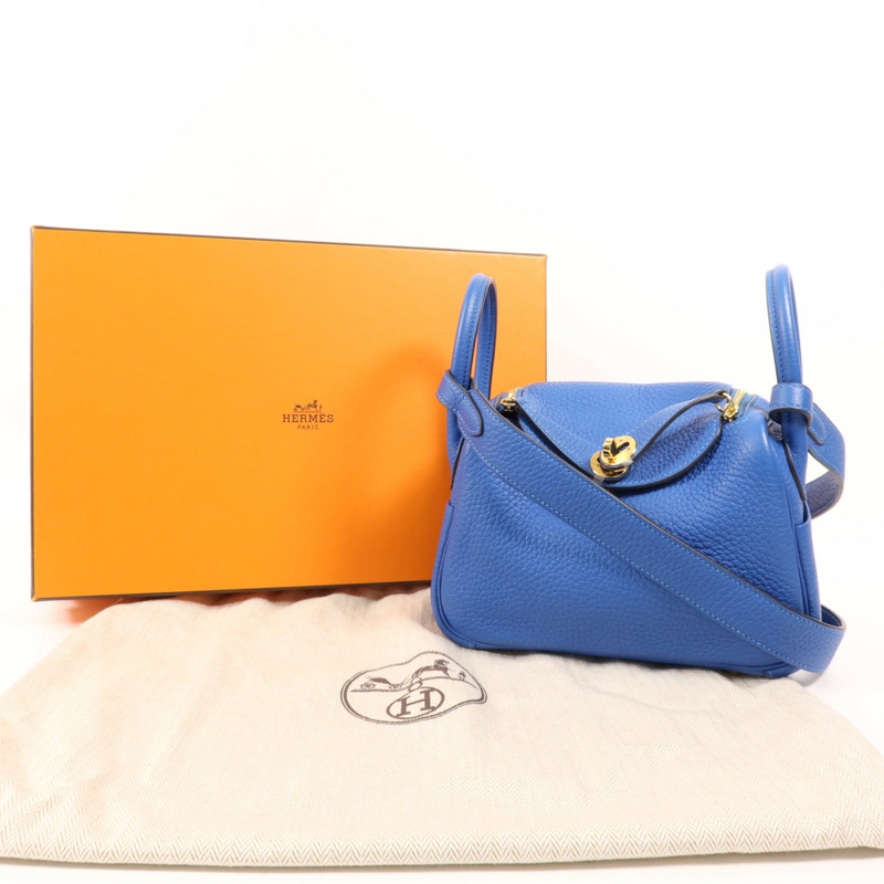 HERMES Clemence皮革Mini Lindy金扣手挽肩背兩用袋Bleu France-14
