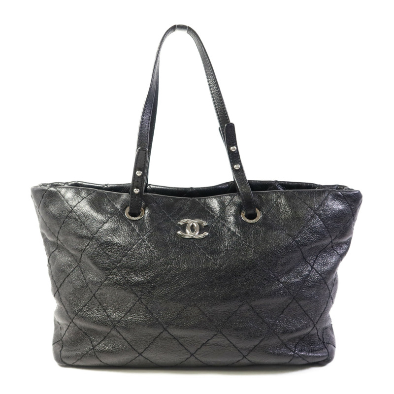 CHANEL 牛皮皮革Tote Bag銀扣肩背袋-0