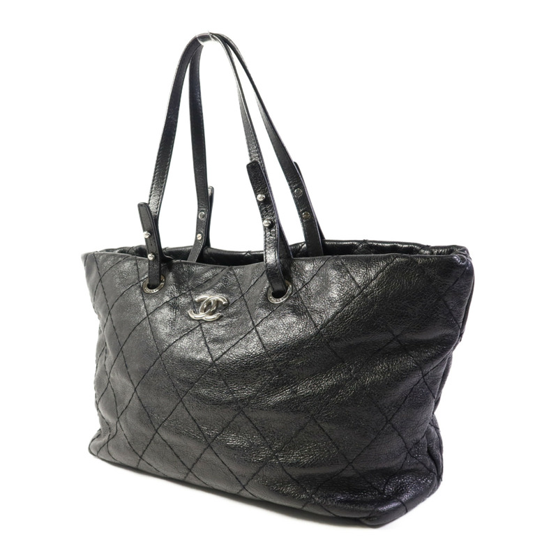 CHANEL 牛皮皮革Tote Bag銀扣肩背袋-2
